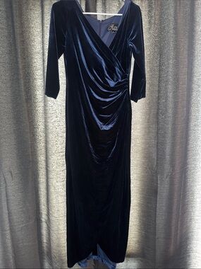 Alex Evenings Deep Navy Velvet Draped Maxi Dress